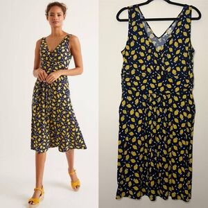 BODEN Effie Lemons Print Jersey Knit Surplice Stretchy Fit and Flare Midi Dress